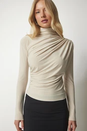 Happiness stanbul Women's Cream Gathered Detailed High Neck Sandy Blouse