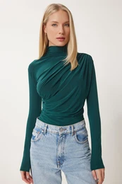 Happiness stanbul Women's Dark Green Gathered Detailed High Neck Sandy Blouse