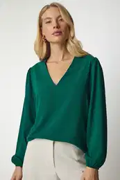 Happiness stanbul Women's Emerald Green V-Neck Crepe Blouse