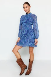 modro krilo flounce podloena chiffon tkana obleka