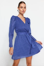Navy Blue Belted Rose detaljno obloena tkana tkana haljina s uzorkom tokice