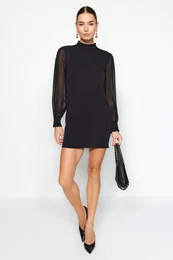 rna ravna rezana rokavi Chiffon Detajl Mini tkana tkana obleka