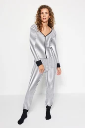 Black and White Striped Cuff and Pile Detailed T-shirt-Jogger Knitted Pajamas Set