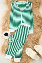 Green Striped Cuff and Pile Detailed Tshirt- Jogger Knitted Pajamas Set