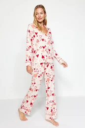 Multicolored Heart Pile Detailed Viscose Shirt-Pants Woven Pajamas Set