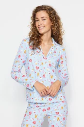 Blue 100% Cotton Teddy Bear and Heart Patterned Knitted Pajama Set