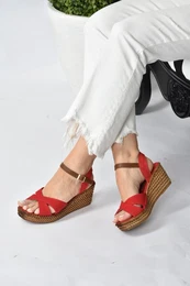 Women's Red Linen Wedge Heeled Shoes