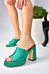 Green Satin Women's Thick Heeled Slippers