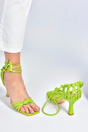 Women's Peanut Green Thin Heeled Lace-Up Ankle Shoes