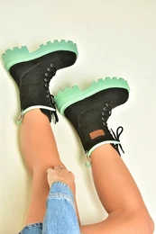 Women's Black/Green Suede Lace-Up Ankle Boots