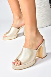 Beige Satin Fabric Women's Thick Heeled Slippers