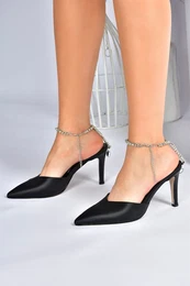 Black Satin Fabric Buckle with Stones Heeled Shoes