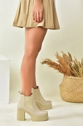 Beige Women's Boots with a Thick Sole