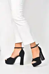 Black Nubuck Platform Thick Heeled Evening Dress Shoes