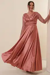By Sayg Plus Size Long Satin Evening Dress with Tulle Shimmer Detailed Front Pleats on the sleeves Copper.