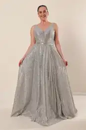 By Sayg sprednji hrbet V-vrat podloen plus velikost zrcalno dolga obleka siva