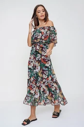 By Sayg cvetlini vzorec frilled chiffon obleko z frill ovratnikom pas pas zelen