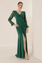 By Sayg Double Breasted Neck Front Draped Sleeves Sequined Feather Detailed Lined Lycra Long Dress