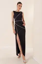 By Sayg Shiny Stone Detailed Sleeveless Slit Long Crepe Dress Black.
