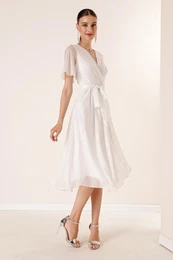 By Sayg Double Breasted Collar Waist Belted Lined Silvery Tulle Dress In Ecru.