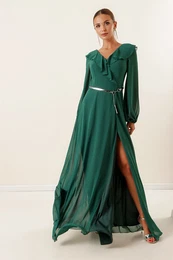 Sayg Emerald Green Chiffon Dolga obleka z balonskimi rokavi in pasom