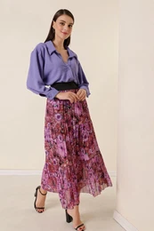 By Sayg Wide Waist, Elastic Lined Chrysanthemum Pattern Tri-Pleat Skirt Purple