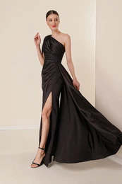 By Sayg One Sleeve Front Draped Lined Satin Long Dress