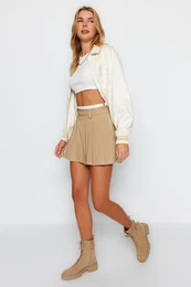 Beige Double-Belt Detail Pleated Mini Woven Skirt