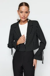 Black Crop Woven Striped Blazer Jacket