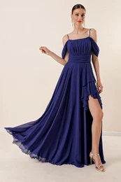 By Sayg Rope Strap Low Sleeve Front Draped Flounce Front Side Slit Lined Long Chiffon Dress