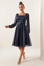 By Sayg Square Neck Belted Balloon Sleeve Lined Lurex Dress