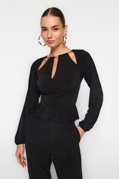 Black Window/Cut Out Detailed Accessory Knitted Blouse