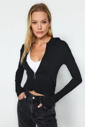 Black Hooded and Zippered Ribbed Fitted Crop Stretchy Knitted Blouse