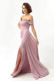 Women's Powder Evening Dress with Stones on the Collar and Tail.