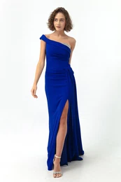 Women's Sax One-Shoulder Long Evening Dress with Stones.