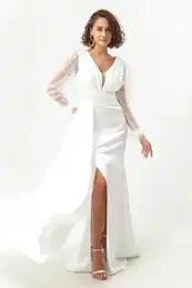 Women's White V-Neck Sleeves Stoned Slit Long Evening Dress