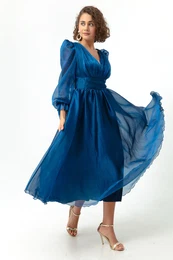 Women's Indigo Balloon Sleeve V Neck Midi Evening Dress