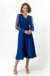 Women's Sax Double Breasted Collar Silvery Midi Satin Evening Dress.