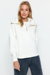Ecru Zipper High Neck Thick Fleece Inside Regular Fit Knitted Sweatshirt