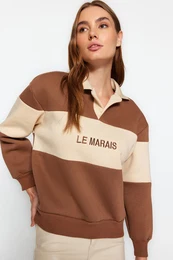 Brown Thick Fleece Inside Regular/Normal Fit Embroidered Polo Neck Knitted Sweatshirt