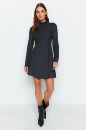 Anthracite Sewing Detailed High Collar Thessaloniki Knitted Dress