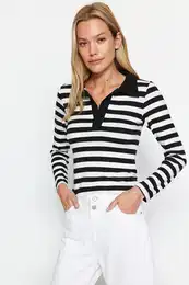 Black Striped Soft Fabric Fitted Polo Neck Buttoned Stretchy Knitted Blouse