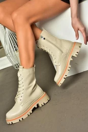 R524802209 Beige Women's Lace-Up Anklet Boots