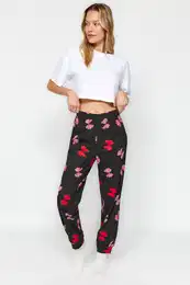 Black 100% Cotton Ribbon Pattern Knitted Pajama Bottoms