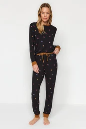 Black 100% Cotton Floral T-shirt-Jogger Knitted Pajama Set
