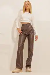 Trend Alaat Stili Women's Brown Knee-stitched Faux Leather Palazzo Pants with Pocket