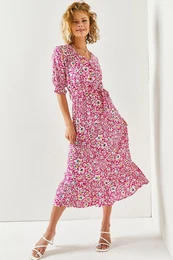 Women's Fuchsia Yellow White Buttoned and Belted Viscose Woven Dress with Detailed Sleeves