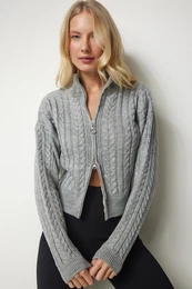 Srea Istanbul enski sivi pletilni vzorec z zadrgo Pulover Cardigan