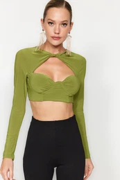 Green Chest Cup Window / Cut Out Detailed Knitted Blouse