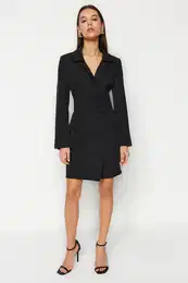 Black Belted Mini tkani gumb Podrobno tkana tkana obleka